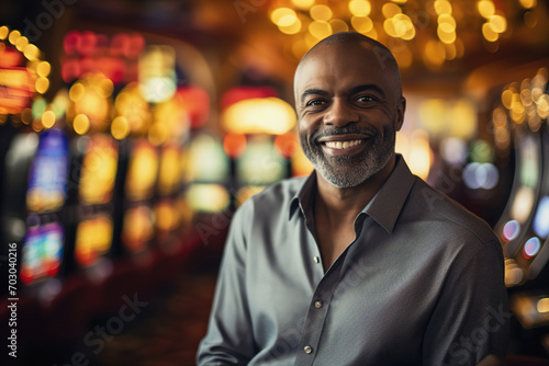 Happy black man at casino slot machines enjoying nightlife lifestyle © lermont51