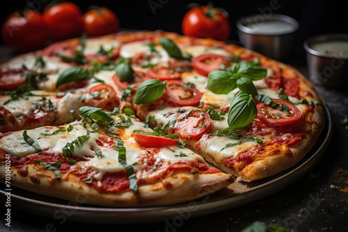 Homemade Margherita Pizza with Fresh Basil, close up