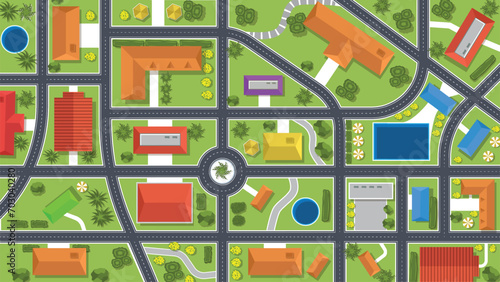 top view flat background of town neighborhood village with road and house and tree