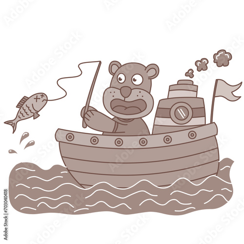happy bear fishing on a ship