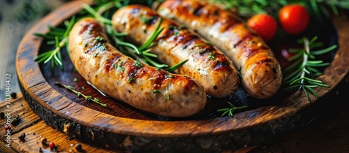 Grilled sausages on a slab photo