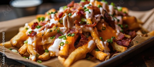 Loaded French fries with bacon, cheese sauce, and spring onion. photo