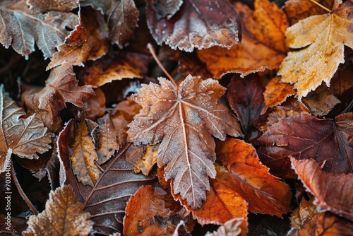 Textured pattern of frost on autumn foliage.