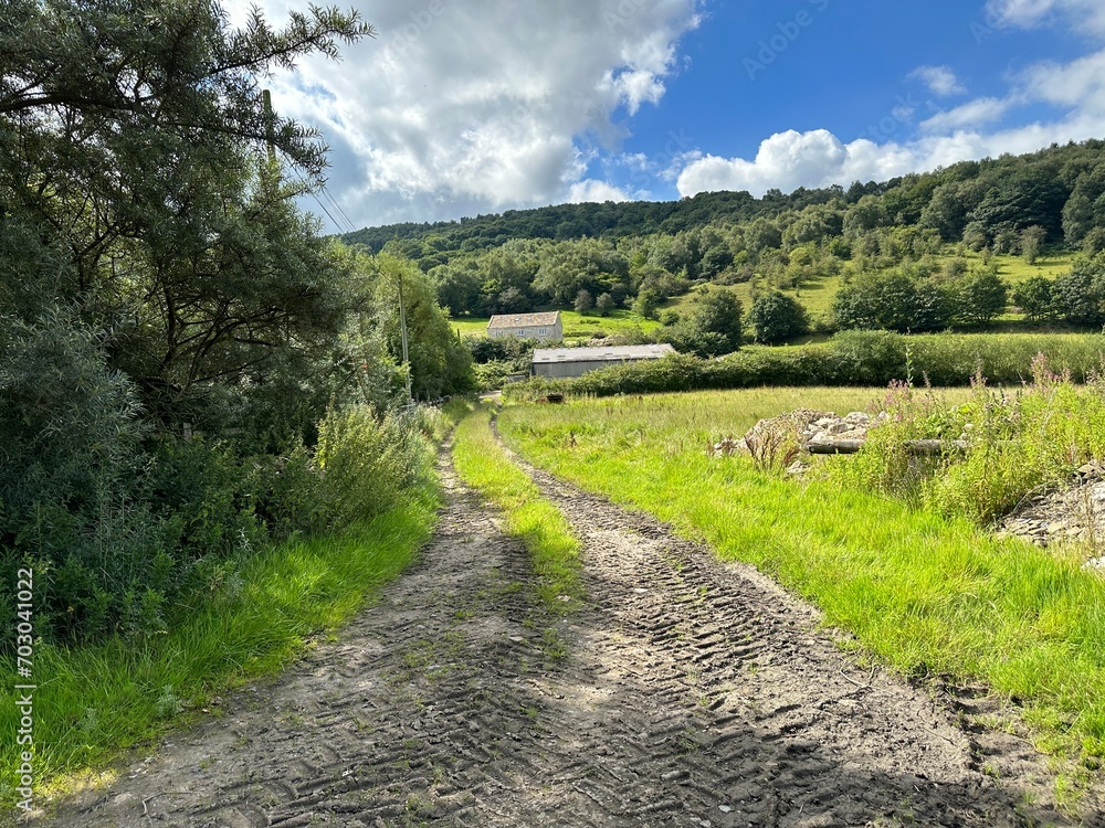 Dirt road, leading past fields, and trees, toward farm buildings, with forests and hills, in the far distance near, Keighley, UK