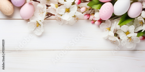 Easter eggs with a delicate arrangement of white flowers and buds on a wooden background.