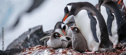 Gentoo penguin parents nourishing chicks on Brown Bluff, Antarctica photo