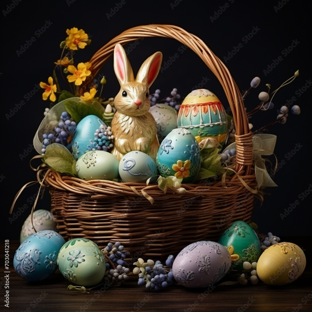 photograph of hand painted easter eggs tucked into a wicker basket with handle and a chocolate bunny. Image created by AI photograph of hand painted easter eggs tucked into a wicker basket with handle and a chocolate bunny. Image created by AI