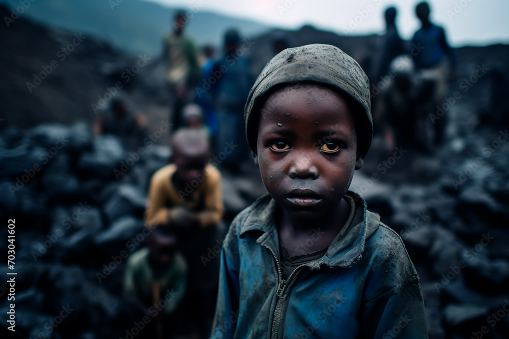 concept of poor African people suffer by extracting useful minerals in inhumane conditions. Cobalt mining in the Congo. Silent genocide in the Congo. poor people in africa - obrazy, fototapety, plakaty 