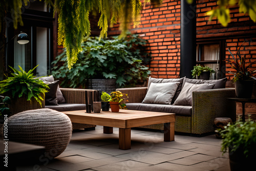 A modern garden lounge boasts a terrace house with plants, a wooden table and wall, a comfortable couch, and ambient lamps. Wooden veranda includes garden chairs for added relaxation.