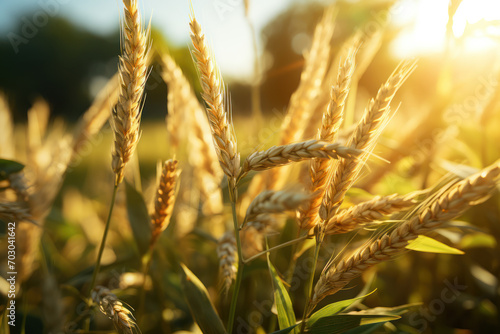 Sunlight filtering through the leaves of barley, creating a serene and picturesque scene in a countryside cereal farm. Concept of rural tranquility. Generative Ai.