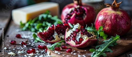 Pomegranate seeds and parmesan with rocket.