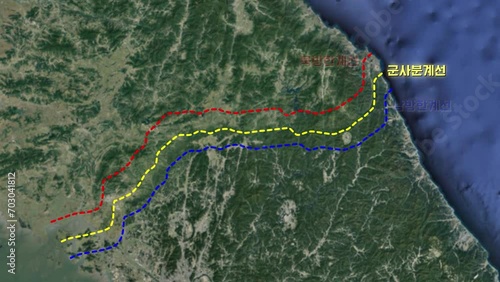 한국의 군사분계선 38선과 DMZ를 설명하는 컴퓨터 그래픽 CG 영상