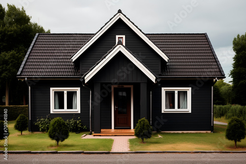 A recently constructed house features sleek black walls and contrasting white windows.