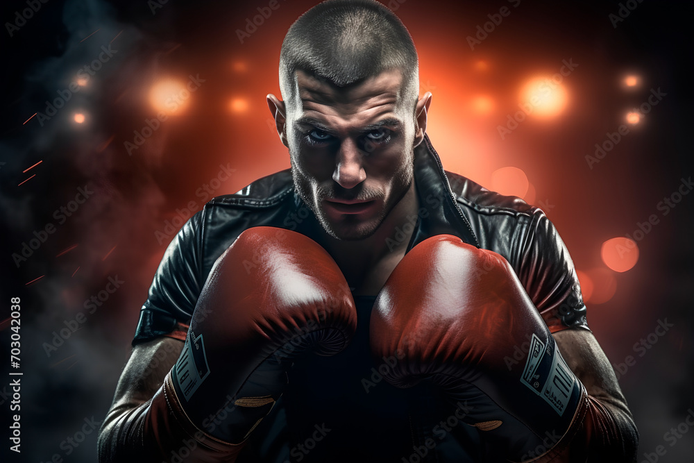 A powerful boxer stands poised for the ring, captured in a super cool photo under the spotlight, ideal for advertising.