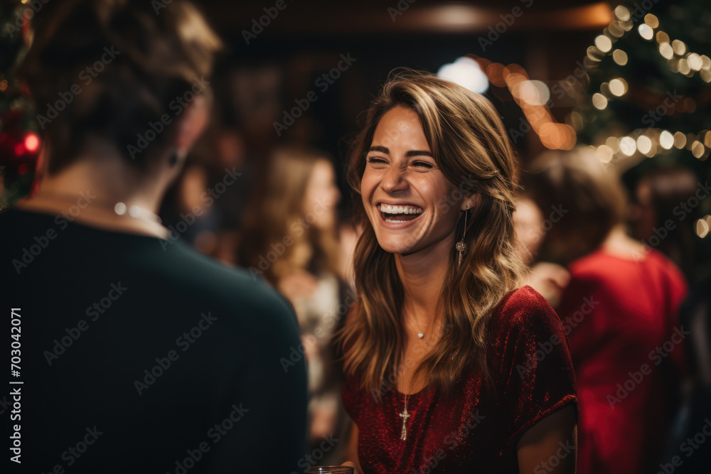 A lively holiday party with friends and family, featuring laughter, games, and a sense of merriment that defines the festive season. Generative Ai. - obrazy, fototapety, plakaty 