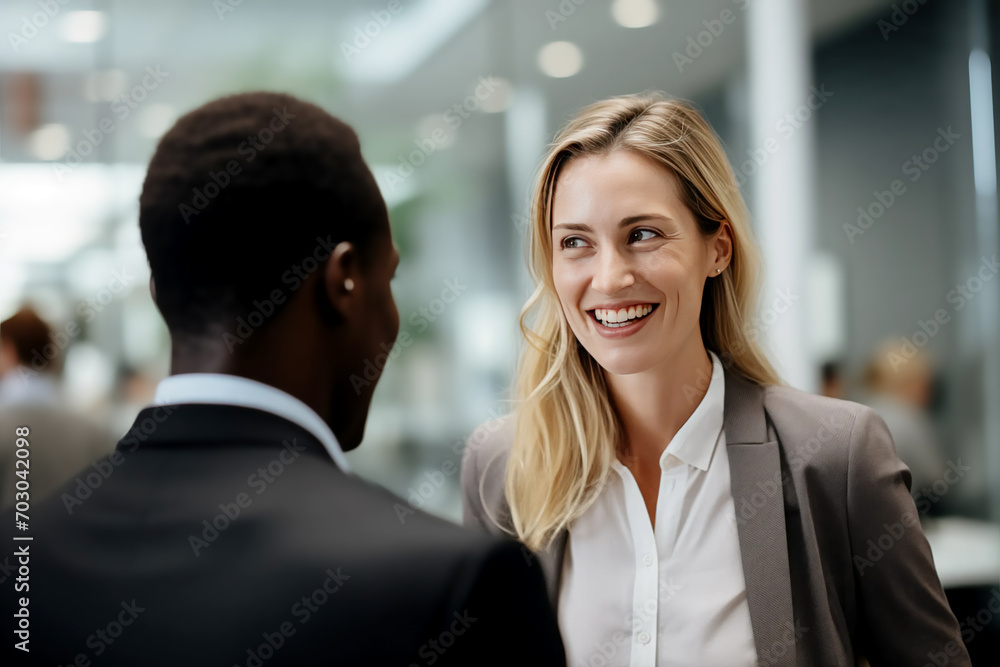 Business meeting between man and woman in office workplace environment interview hire enrol introduce or conclude deal introduce each other in casual happy relaxed atmosphere Business meeting between man and woman in office workplace environment interview hire enrol introduce or conclude deal introduce each other in casual happy relaxed atmosphere