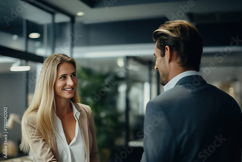 Wallpaper Mural Business meeting between man and woman in office workplace environment interview hire enrol introduce or conclude deal introduce each other in casual happy relaxed atmosphere Torontodigital.ca