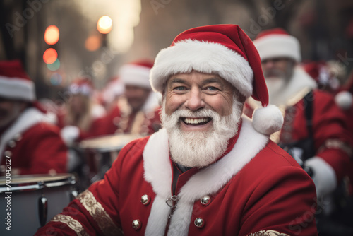 A cheerful holiday parade with colorful floats, marching bands, and Santa Claus spreading joy to spectators along the route. Concept of community celebration. Generative Ai.