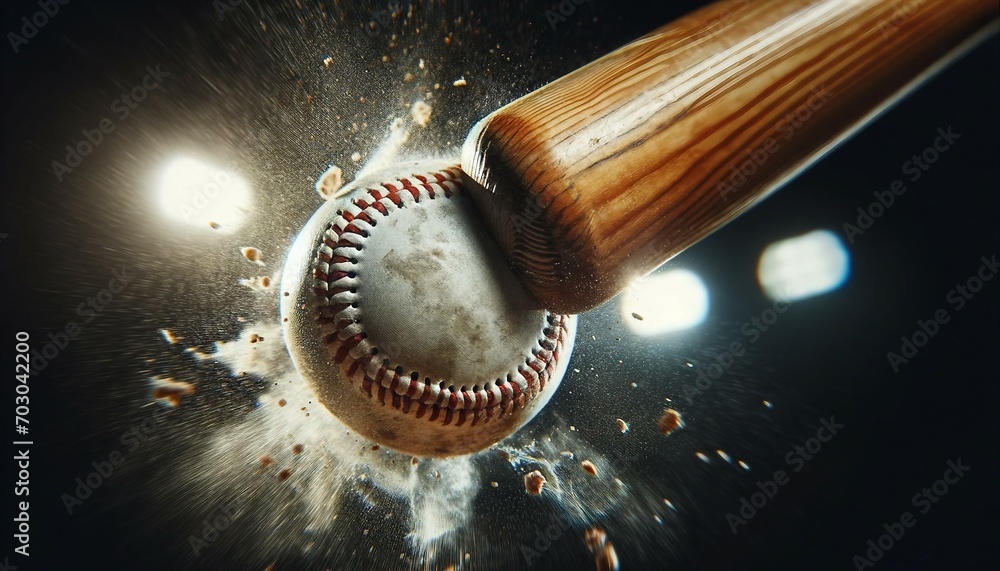 Fototapeta premium Baseball ball and bat on a dark background. Close-up