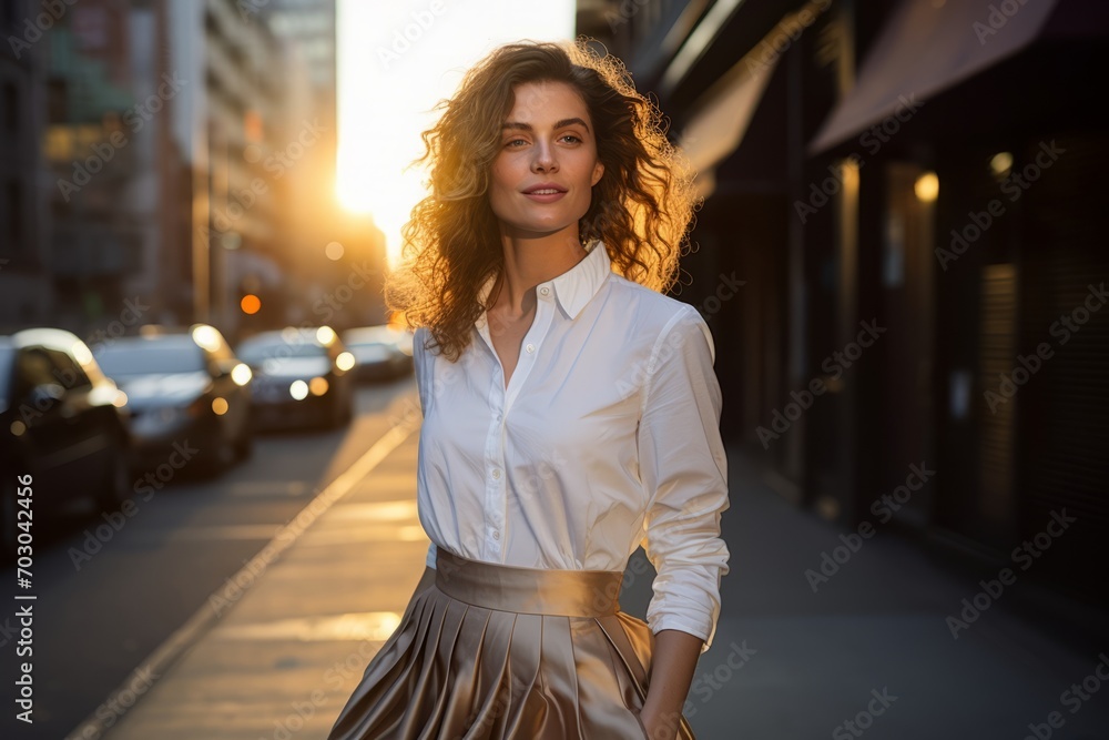 A sophisticated woman in a vibrant pleated midi skirt and crisp white button-up, standing confidently in a bustling city street, with the sun casting a warm glow on her - obrazy, fototapety, plakaty 