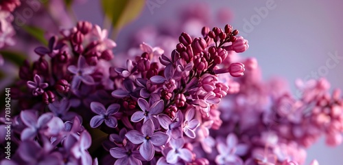 A bunch of fresh lilacs, their purple hues vivid, against a gradient background that shifts from lavender to pale violet.