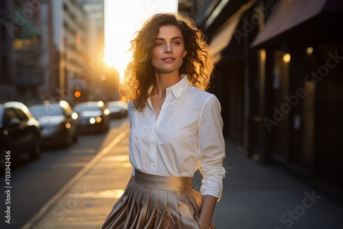 A sophisticated woman in a vibrant pleated midi skirt and crisp white button-up, standing confidently in a bustling city street, with the sun casting a warm glow on her