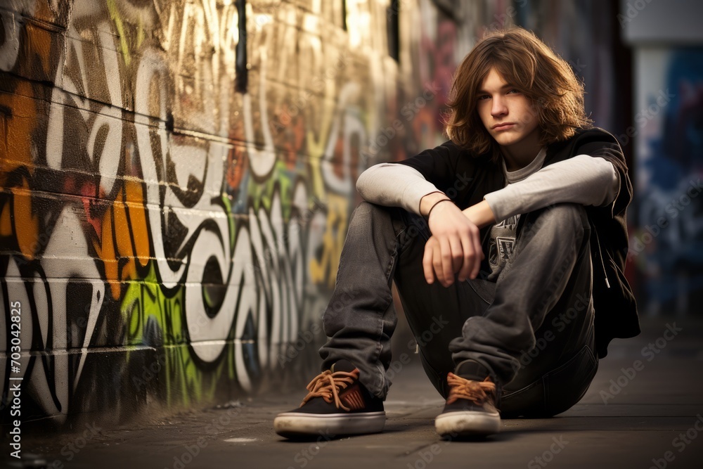 Obraz premium A Pale Teenage Boy with Long Skater Hair, Lost in Thought as He Sits on His Skateboard in an Urban Setting, Graffiti-Covered Walls Framing His Solitude