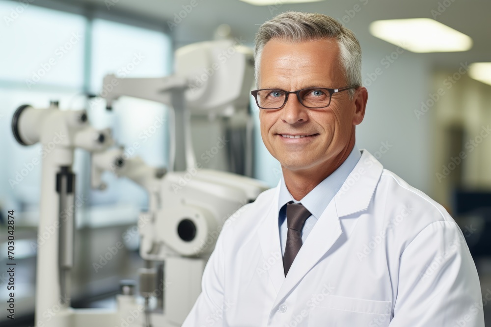 Dr Smith, the dedicated optometrist, meticulously examining the eye chart, ensuring perfect vision for every patient in his cozy clinic filled with latest eye-care technology Dr Smith, the dedicated optometrist, meticulously examining the eye chart, ensuring perfect vision for every patient in his cozy clinic filled with latest eye-care technology