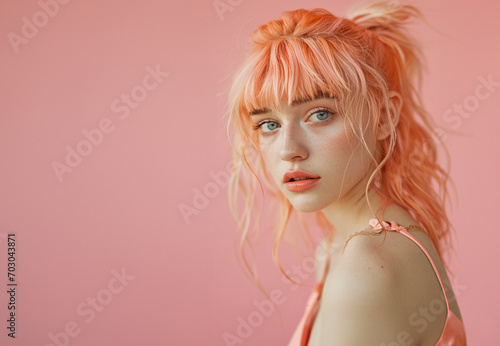 fancy teen model girl with peach color dyed hair
