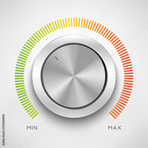 Realistic metal control panel tumbler. Music audio sound volume knob button minimum maximum level. Rotate switch interface. Vector illustration