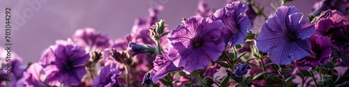 striking purple petunias, their ruffled blooms in sharp detail, against a gradient background from violet to light purple. photo