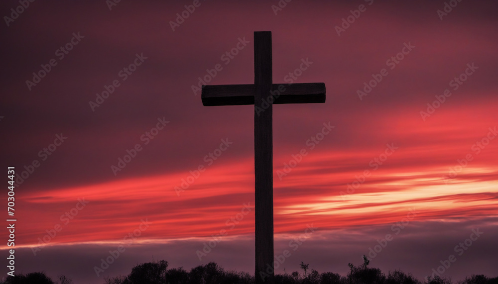 The radiant crimson sky with piercing sunbeams slicing through billowing clouds, casting a shadow of the sacred cross embodying the story of Jesus Christ's sacrifice, crucifixion, and rebirth. The radiant crimson sky with piercing sunbeams slicing through billowing clouds, casting a shadow of the sacred cross embodying the story of Jesus Christ's sacrifice, crucifixion, and rebirth.