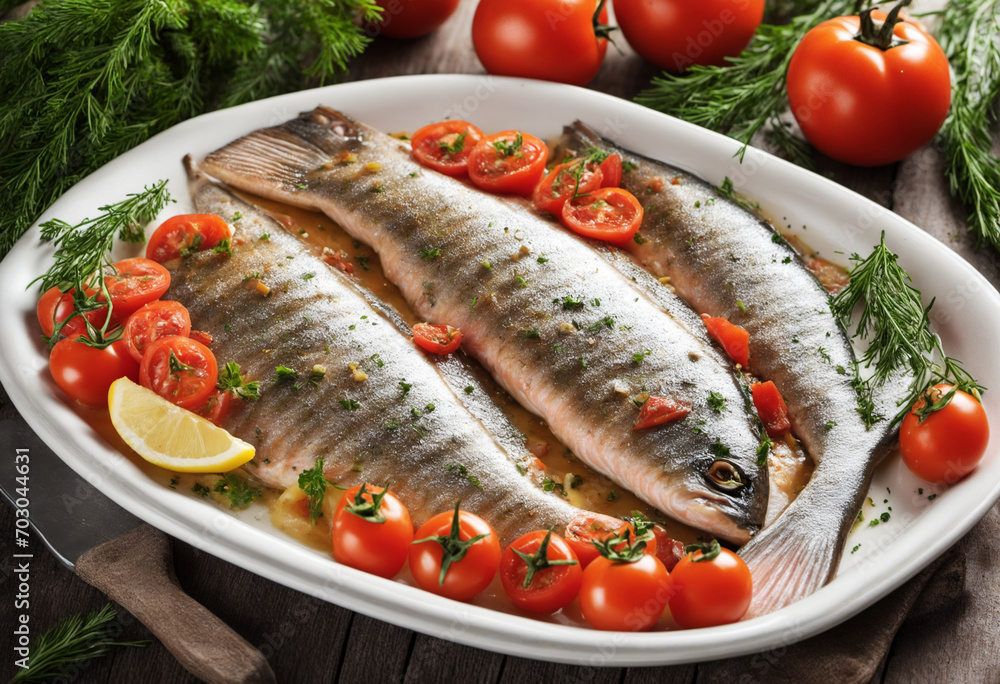 Roasted trout with herbed stuffing and tomatoes Roasted trout with herbed stuffing and tomatoes