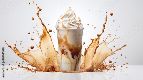 Iced coffee splash in plastic cup on white background with empty space for text placement photo