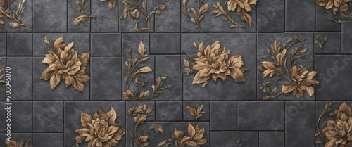 Vintage Square Mosaic Tiles Wall Texture with Floral Seamless Pattern