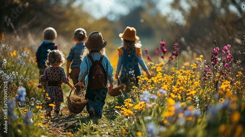 Kinder suchen Ostereier auf einer Frühlingswiese.  photo