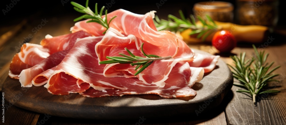 Italian raw ham appetizer with rosemary.