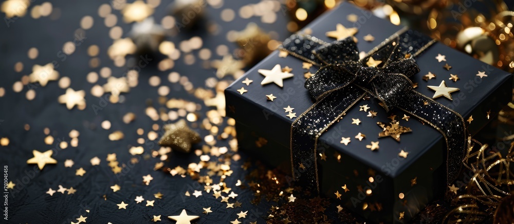 Black gift box with gold star confetti and bow. Black gift box with gold star confetti and bow.