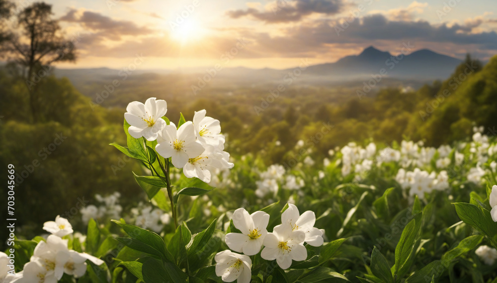 White Flowers, Sunset, Jesus Christ's Cross White Flowers, Sunset, Jesus Christ's Cross