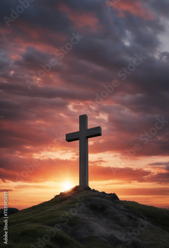 Dramatic Sunset Scene of Jesus Christ on Golgotha Hill