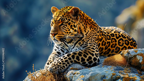 On the frame, a leopard, lying on a hill, creates a picture of the calm and greatness of the natur