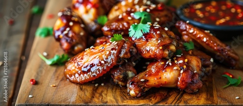 Chicken wings with sesame and sweet chili on wooden board.