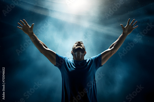 Christian praying to God and man shouting with arms raised to God, hope and despair concept 
