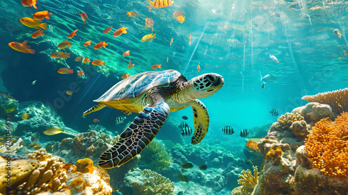 Underwater exotic: floating turtles surrounded by many bright fish create a unique picture