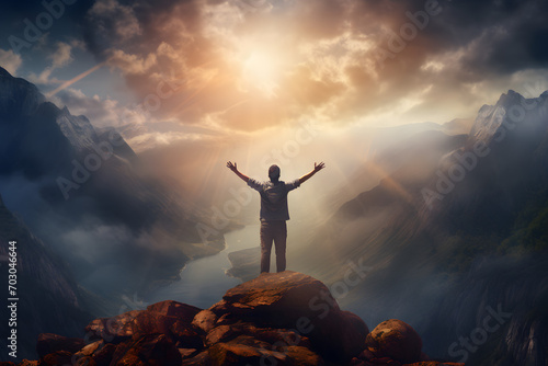 Christian praying to God and man shouting with arms raised to God in the top of mountain, hope and despair concept 