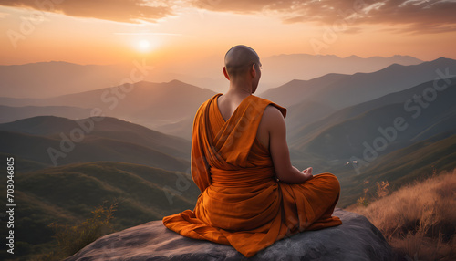 Buddhist monk in meditation on a beautiful sunset background on a high mountain Generative AI