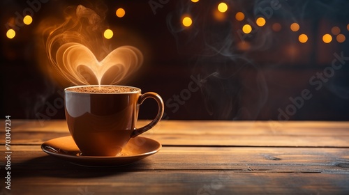Romantic morning vibes traditional coffee cup with heart shaped steam on rustic wood background