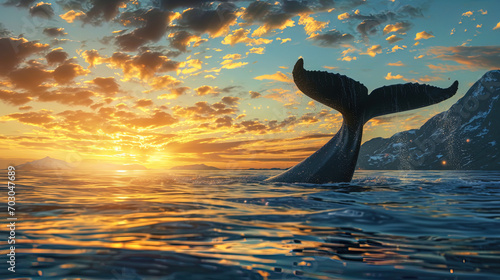 In the picture, a magnificent whale that raises his mighty tail creates the impression of an epic photo