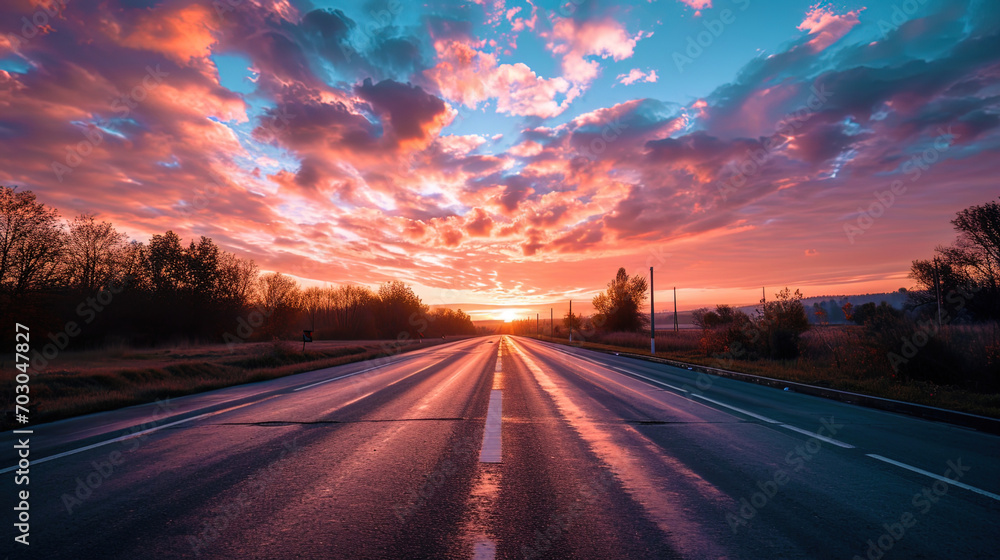 The moment on the road, where the sunset sky passes from orange to pink, and the road is lit by so