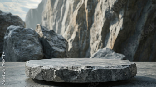 Mock up rock podium on the mountain for product and packaging advertisement. Created using generative AI.